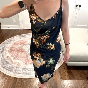 ASOS navy gold rose drape cami dress US 2